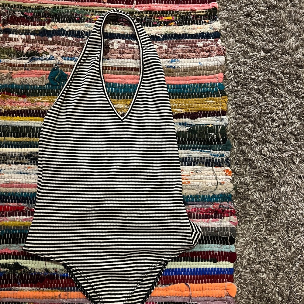 Black and White Striped Halter Bodysuit